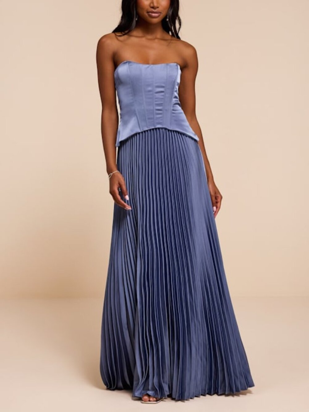 Lulus Makani Slate Blue Satin Bustier Maxi Dress - Size M